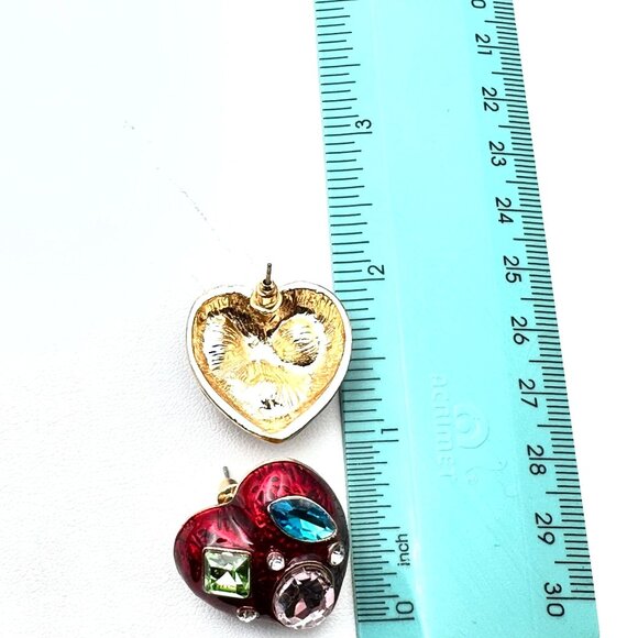 Womens Earrings Blue Pink Green Rhinestone Red Enamel Heart Earrings Pierced - Picture 4 of 4
